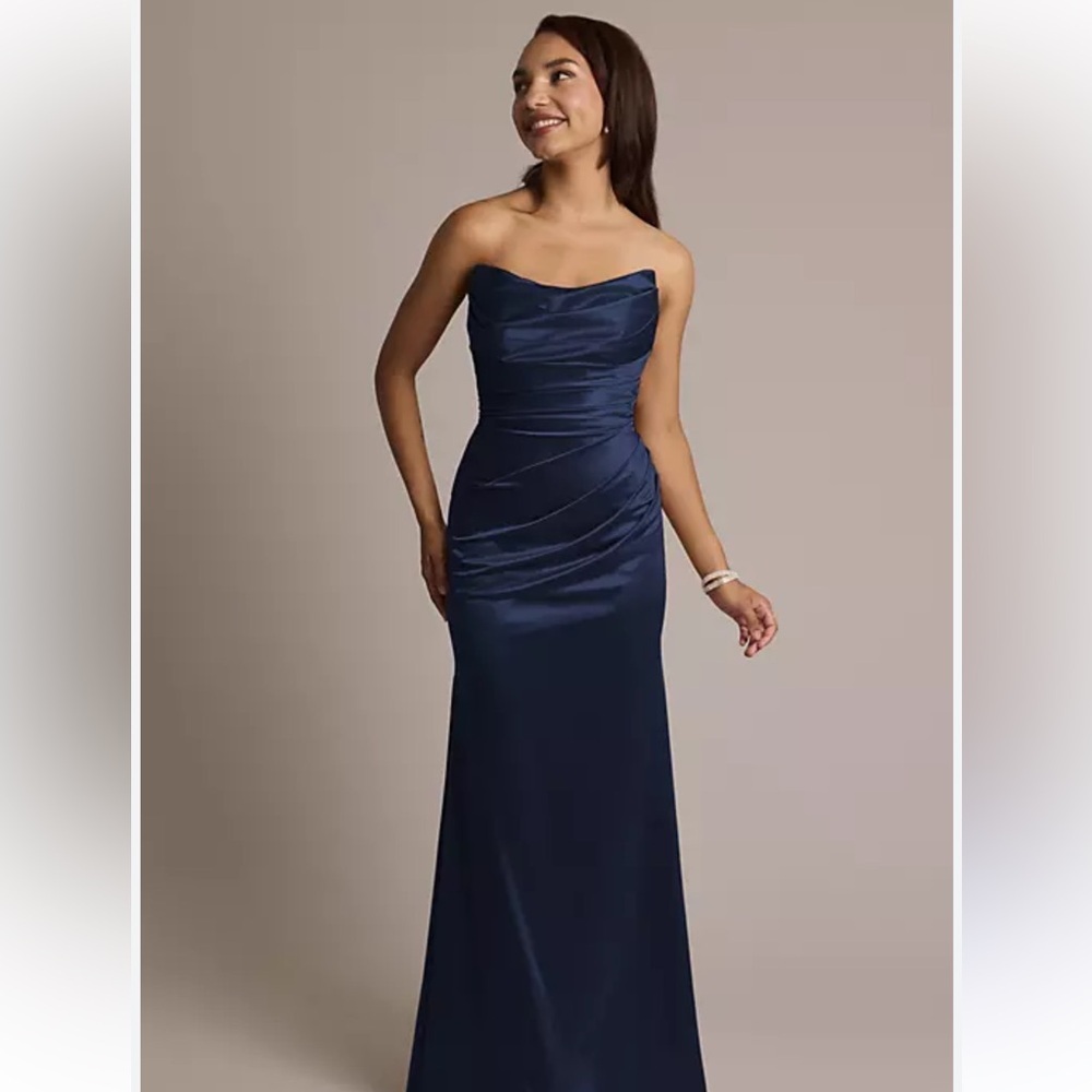 David's Bridal Strapless Navy Satin Evening Gown
